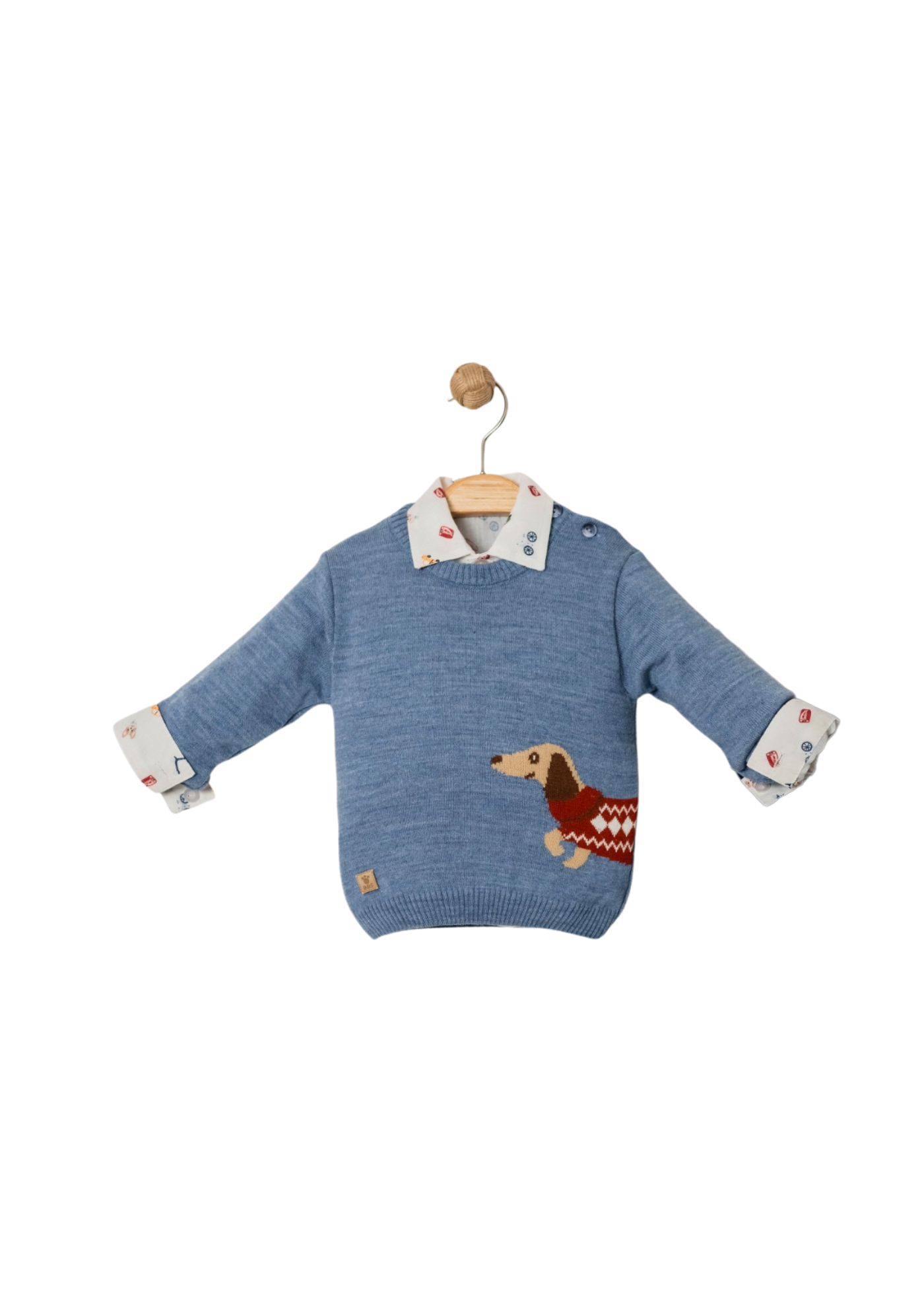 Set 3 Piese Pulover Bleu cu Catel Camasa Alba Imprimeu Masini si Pantaloni Lungi Bleumarin 15022 Bebus