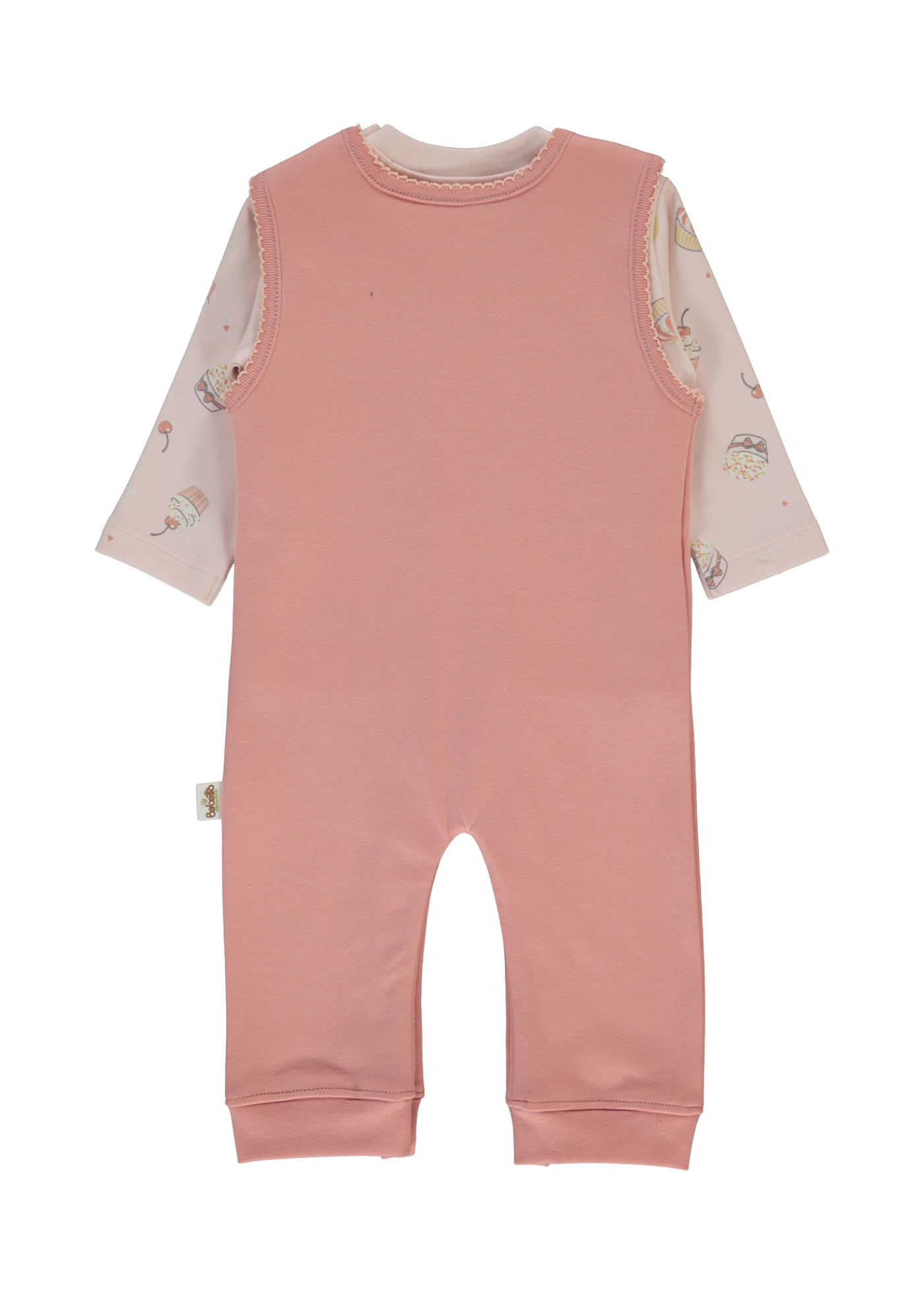 Set 2 Piese Salopeta Lunga Roz Pudra si Bluza Roz cu Maneca Lunga cu Briose K5065 Bebetto