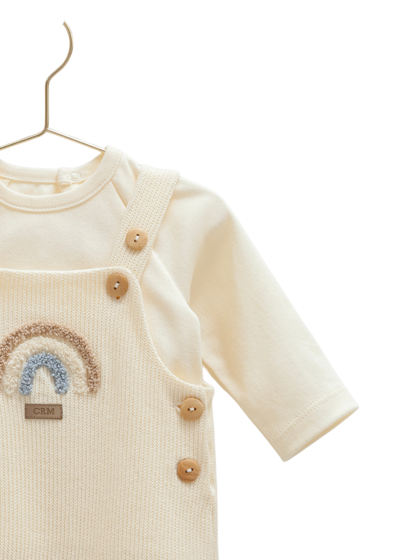 Set 2 Piese Salopeta Lunga Crem cu Curcubeu si Bretele si Bluza cu Maneca Lunga Crem SLE2056 Mell Sweet Baby