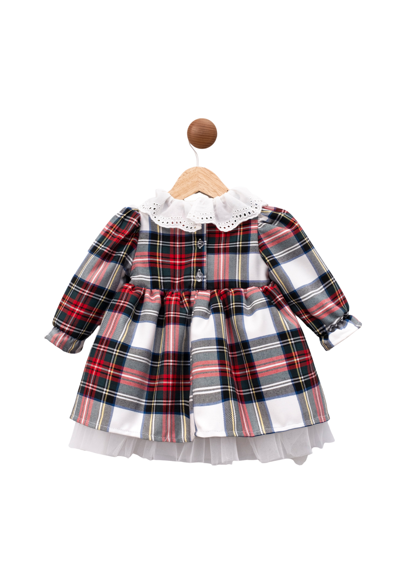 Rochie Ecosez Verde cu Rosu cu Volan Dantela din Bumbac Alb la Guler 3596 Mino Baby