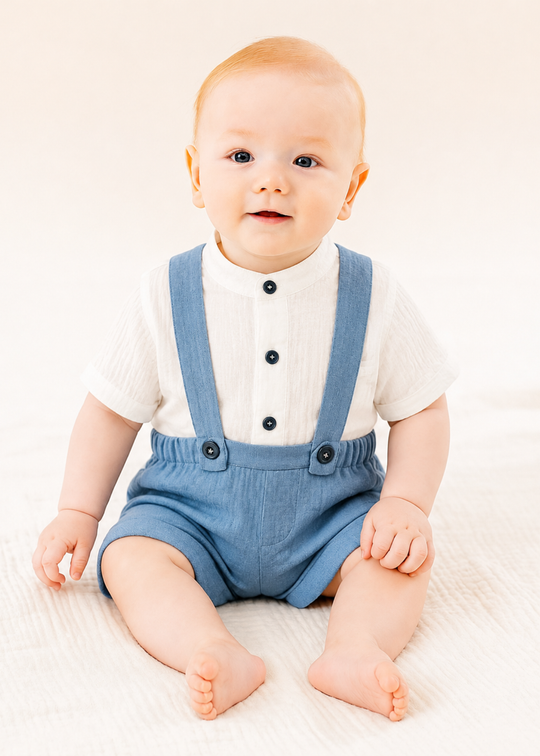 Costum Muselina Camasa Crem Pantalon Bleu Inchis AnneBebe