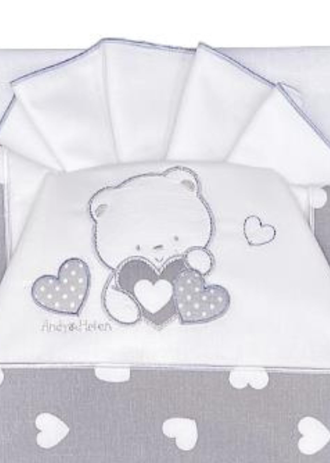 Set Lenjerie Patut 3 Piese Alb-Gri cu Ursulet si Inimioare D70 Andy&Helen