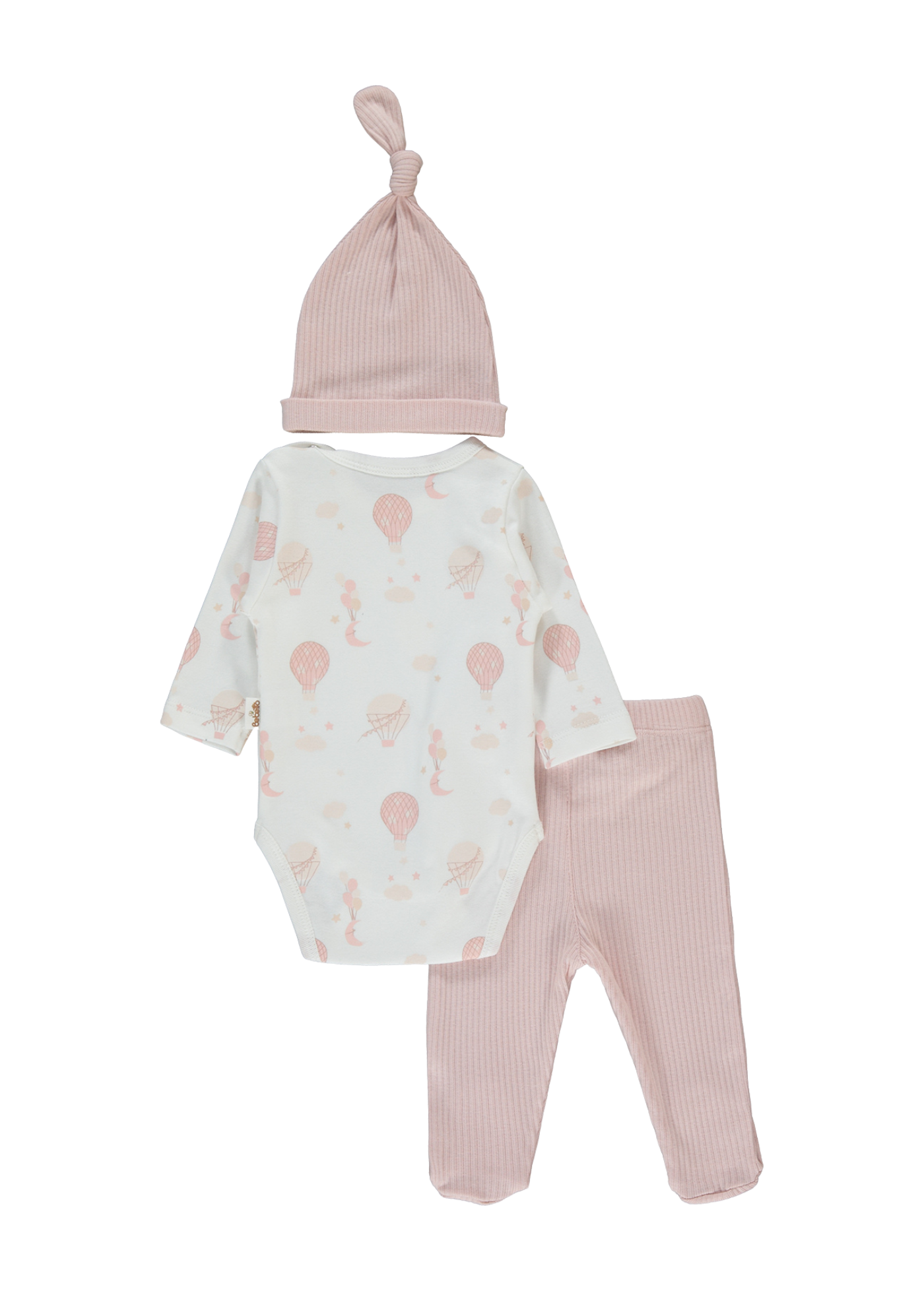 Set 3 Piese Body Crem cu Maneca Lunga Imprimeu Baloane Fes si Pantaloni Roz Pudra T4034 Bebetto