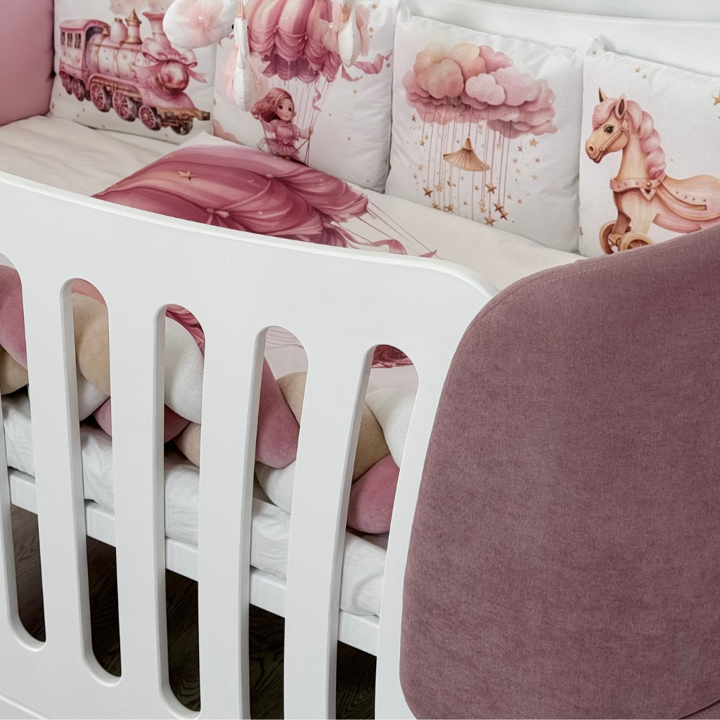 Premium Oval Convertible Crib 6 in 1 Fly White with Padded Velvet Headboards Ingvart 