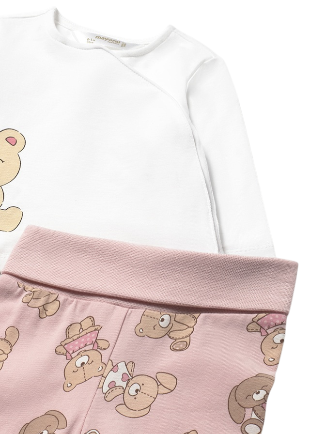 Set 2 Piese Pijama Bluza si Pantaloni Lungi Alb cu Roz cu Ursi 1588 Mayoral