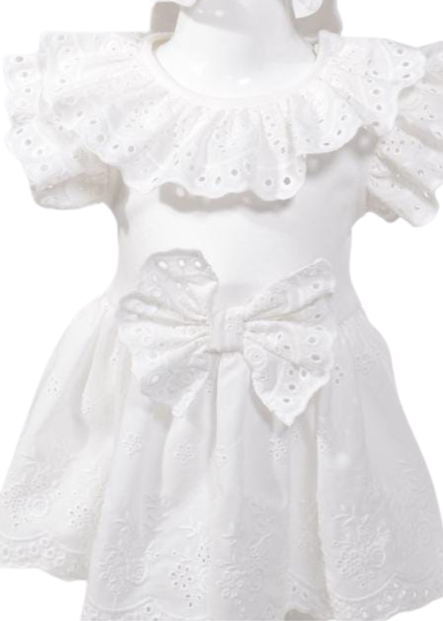 Rochie Ivory Broderie din Bumbac cu Volan la Guler si Funda in Talie M0667 Connie Baby