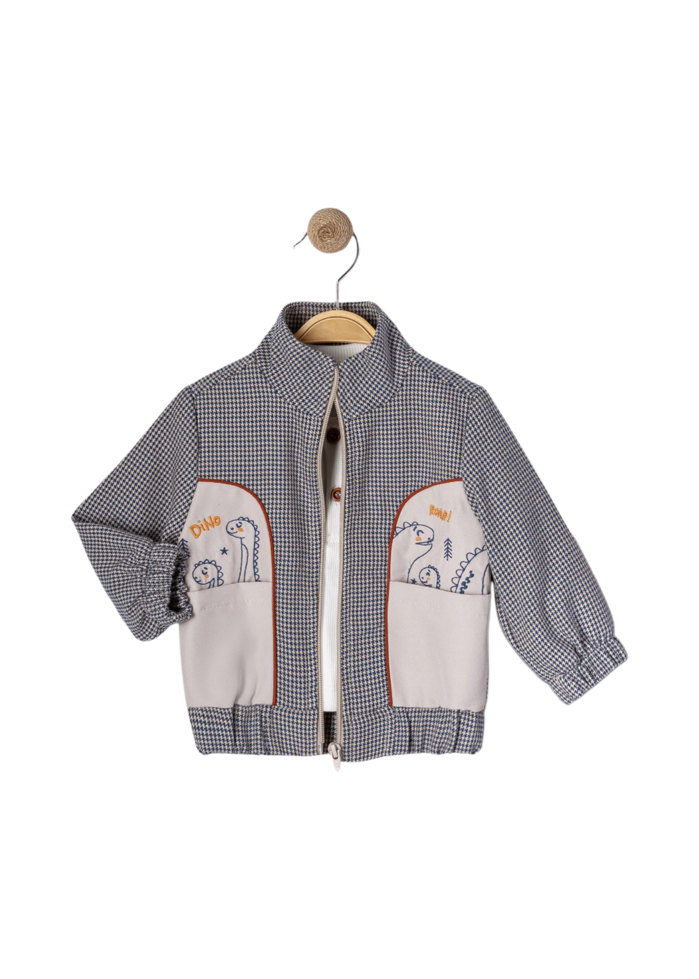 Set 3 Piese Geaca Pepit Bleumarin cu Bej cu Dinozauri Bluza Crem si Pantaloni Lungi Bleumarin 16246 Bebus