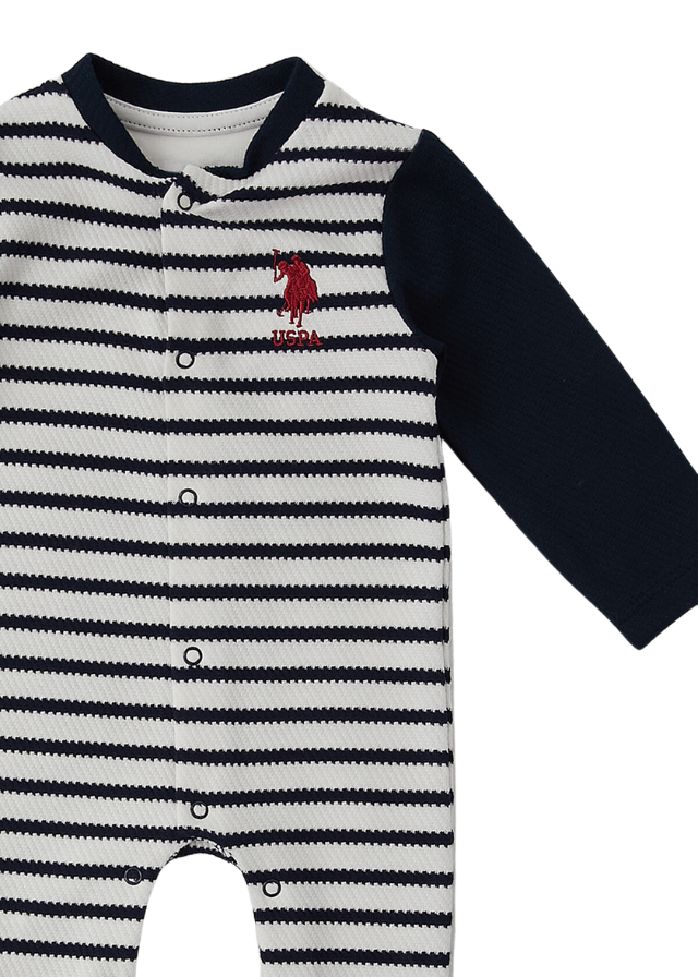 AnneBebe - Salopeta Lunga Alba cu Dungi Bleumarin pentru Baietei 1460 Us Polo Assn