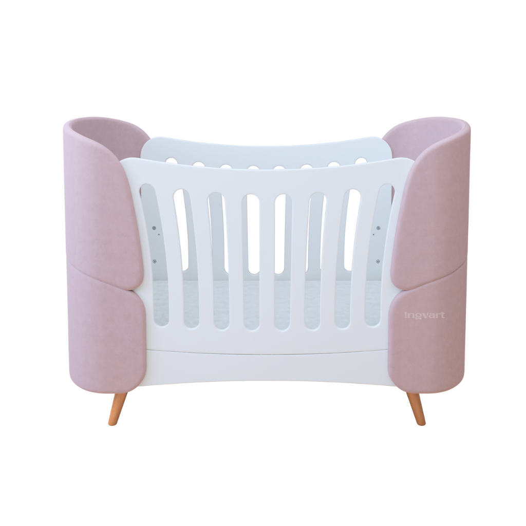 Premium Oval Convertible Crib 6 in 1 Fly White with Padded Velvet Headboards Ingvart 