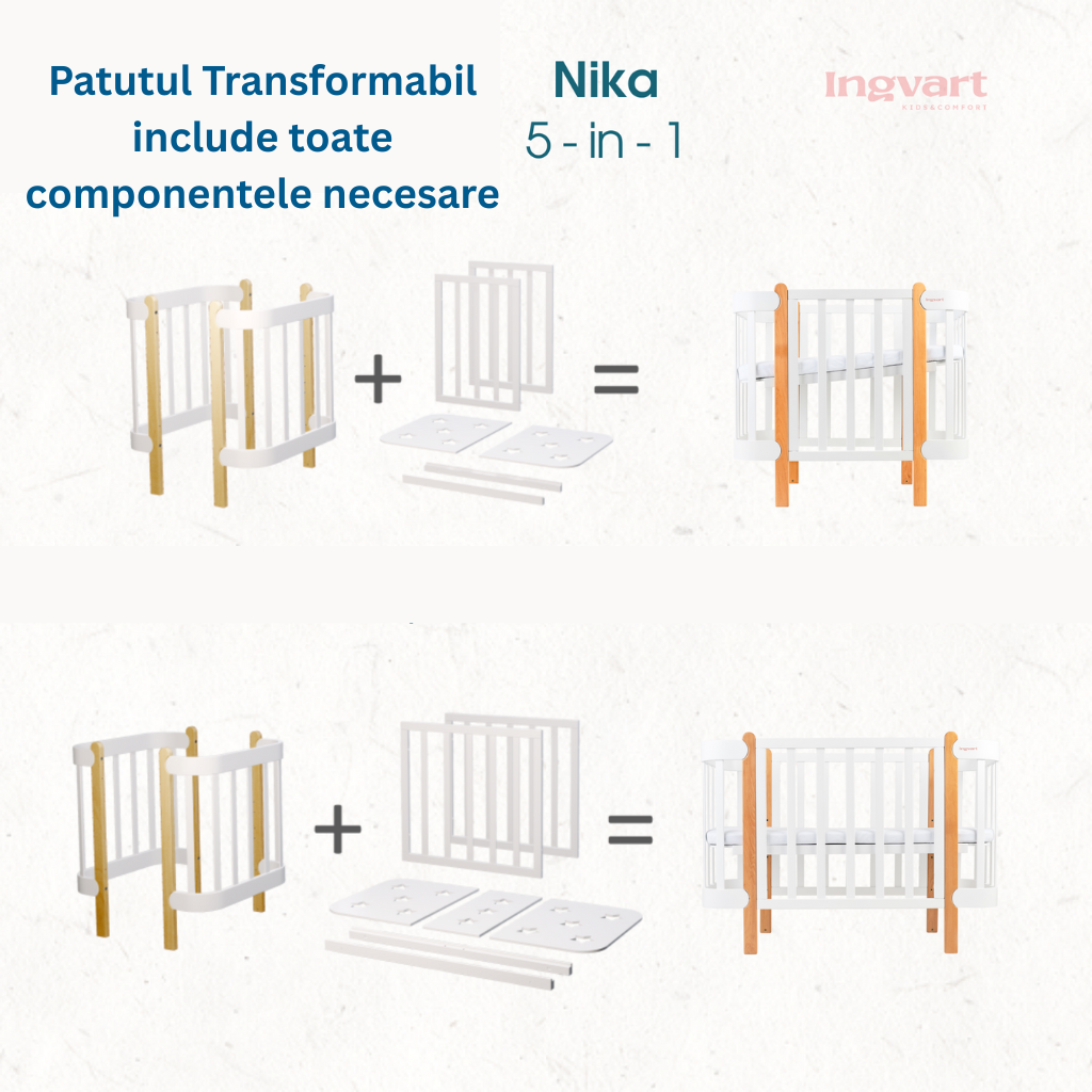 Patut Transformabil 5 in 1 Lemn Nika Alb-Cappuccino cu Bare Groase 60x95/120cm Ingvart