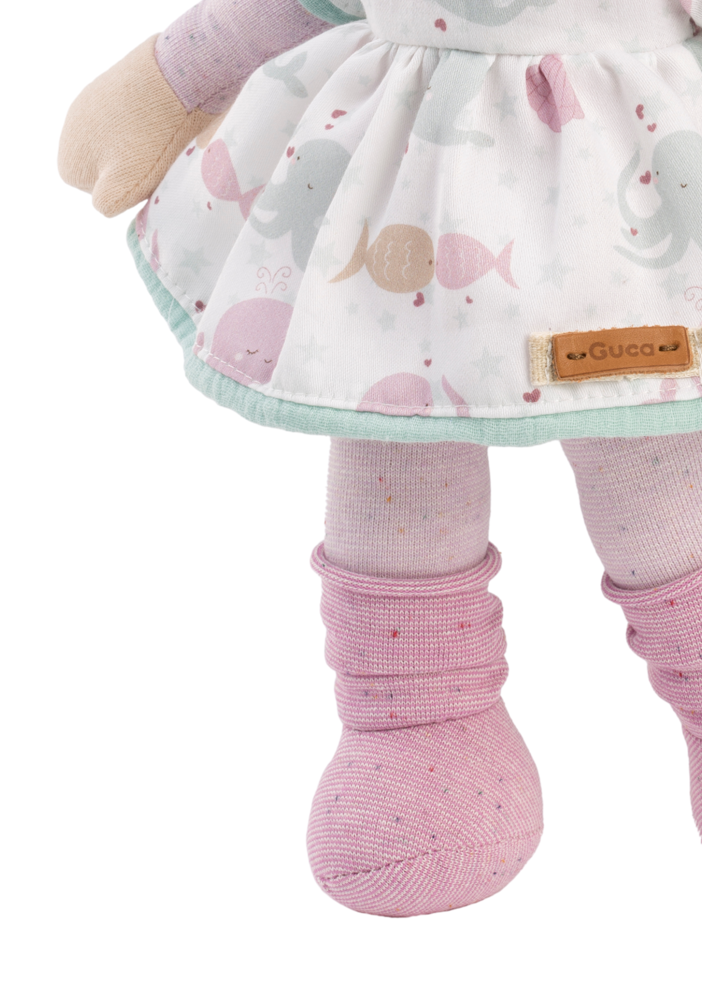 Papusa Mimi, 36 cm, Par Saten, Corp Textil cu Rochita Alba Imprimeu Floricele Roz 967 Guca Munecas