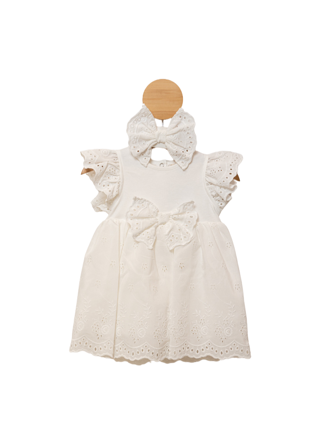 Rochie Ivory Fusta si Maneci Broderie din Bumbac cu Funda in Talie M0624 Connie Baby