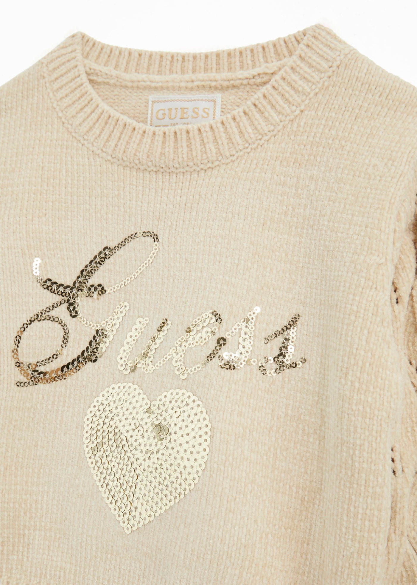 Set 2 Piese Tricotat Bej Bluza cu Logo Paiete Aurii si Fusta K5BG01 Z3OC0 A14G Guess