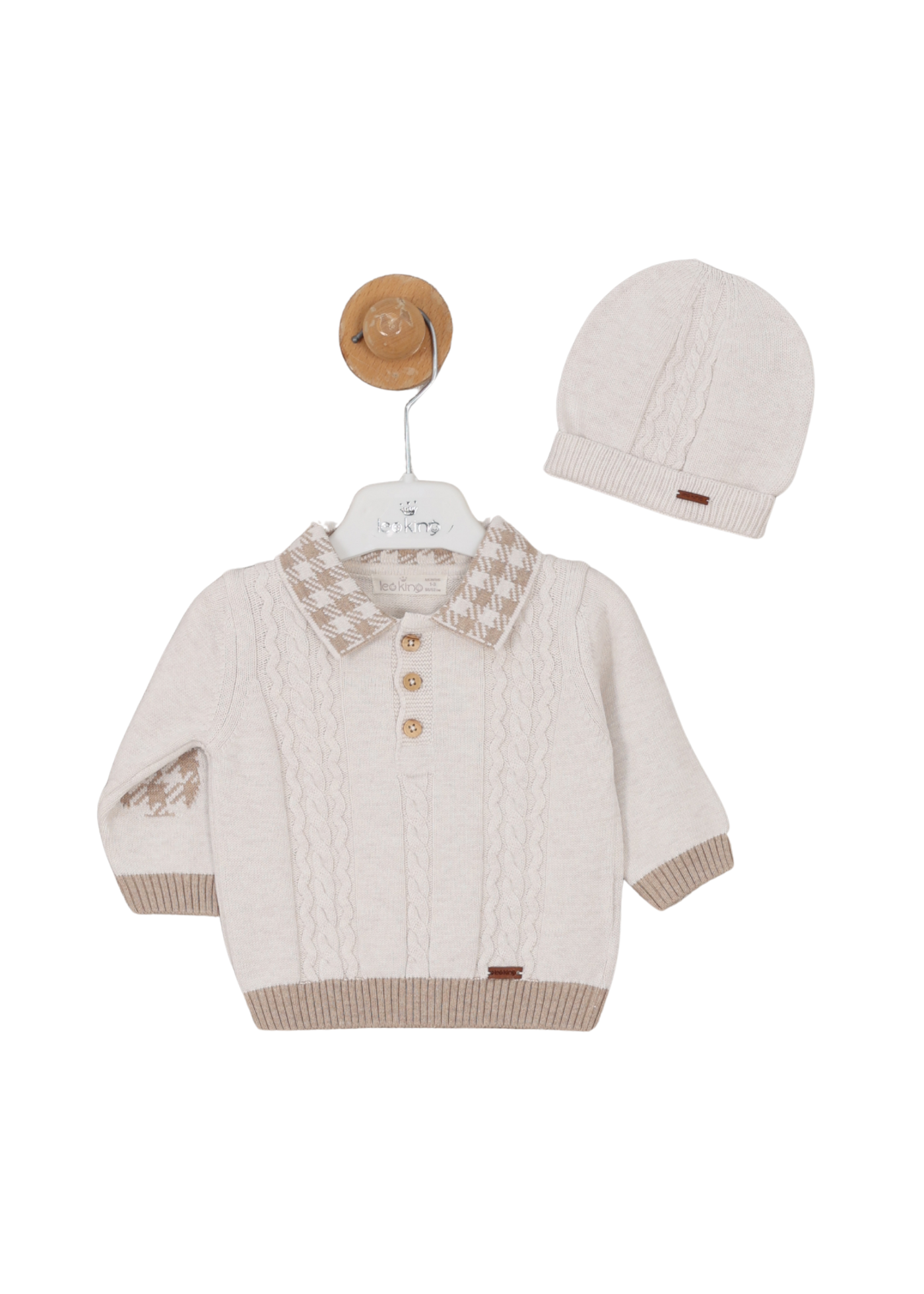 Set 3 Piese Tricotat Crem cu Bej Bluza cu Guler Polo Carouri 8008 Leo King