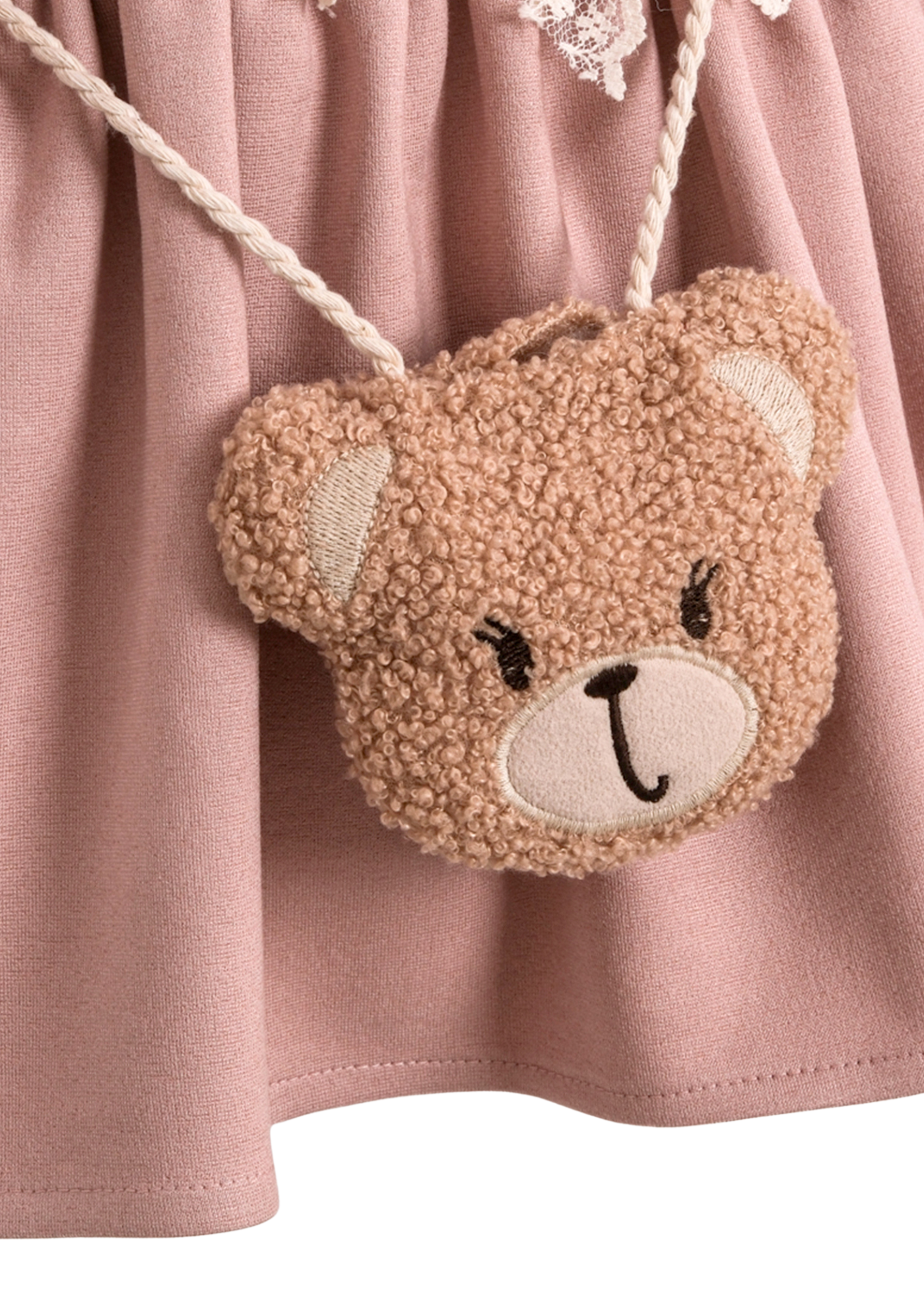 Rochie Stofa Roz cu Maneca Lunga si Geanta Ursulet 3737 Mino Baby