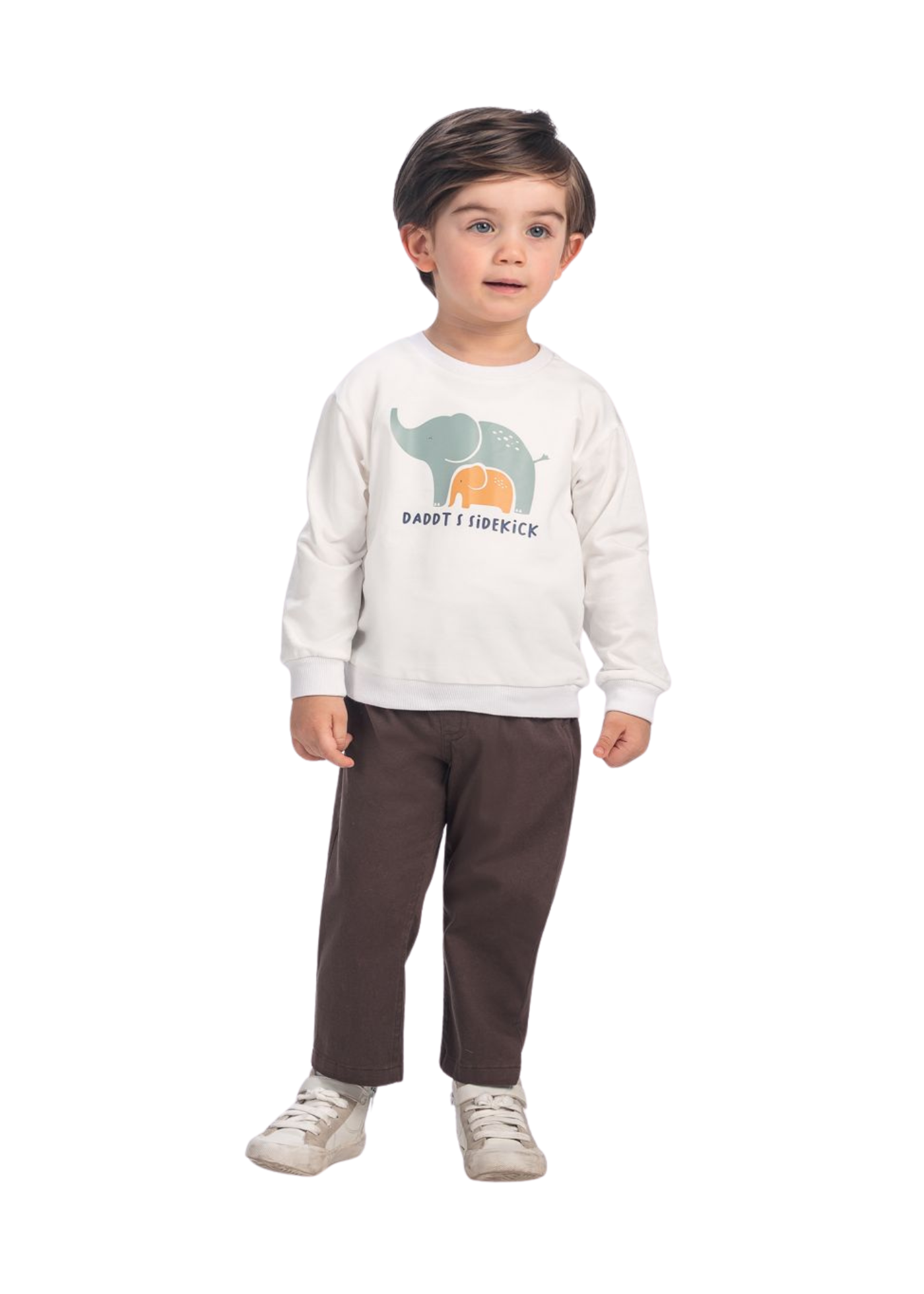 Set 3 Piese Geaca si Bluza Crem cu Verde Imprimeu Elefanti si Pantaloni Lungi Maro 16263 Bebus