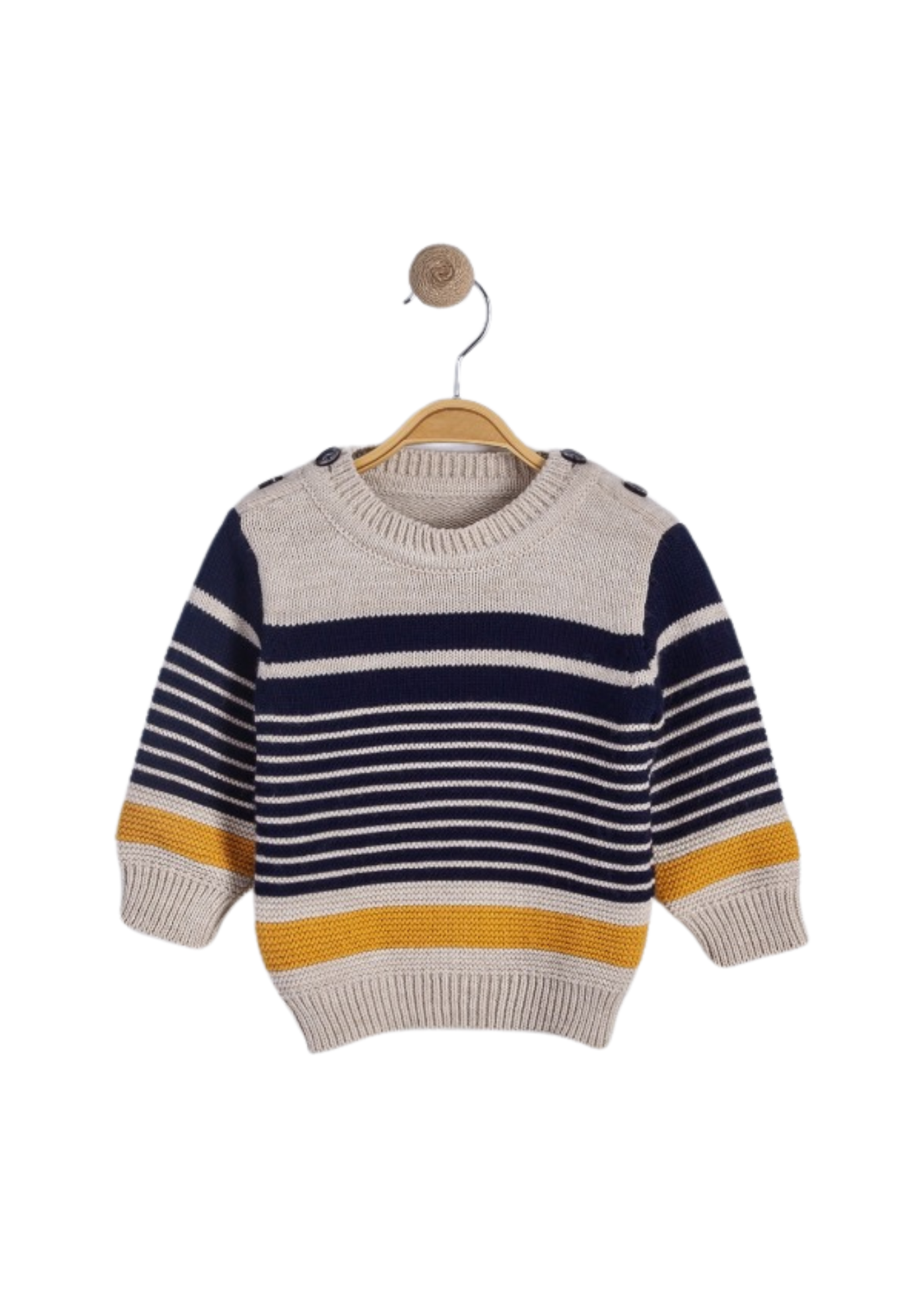 Set 3 Piese Pulover Bej cu Dungi Bleumarin si Galben Camasa si Pantaloni Lungi Bleumarin 16234 Bebsu