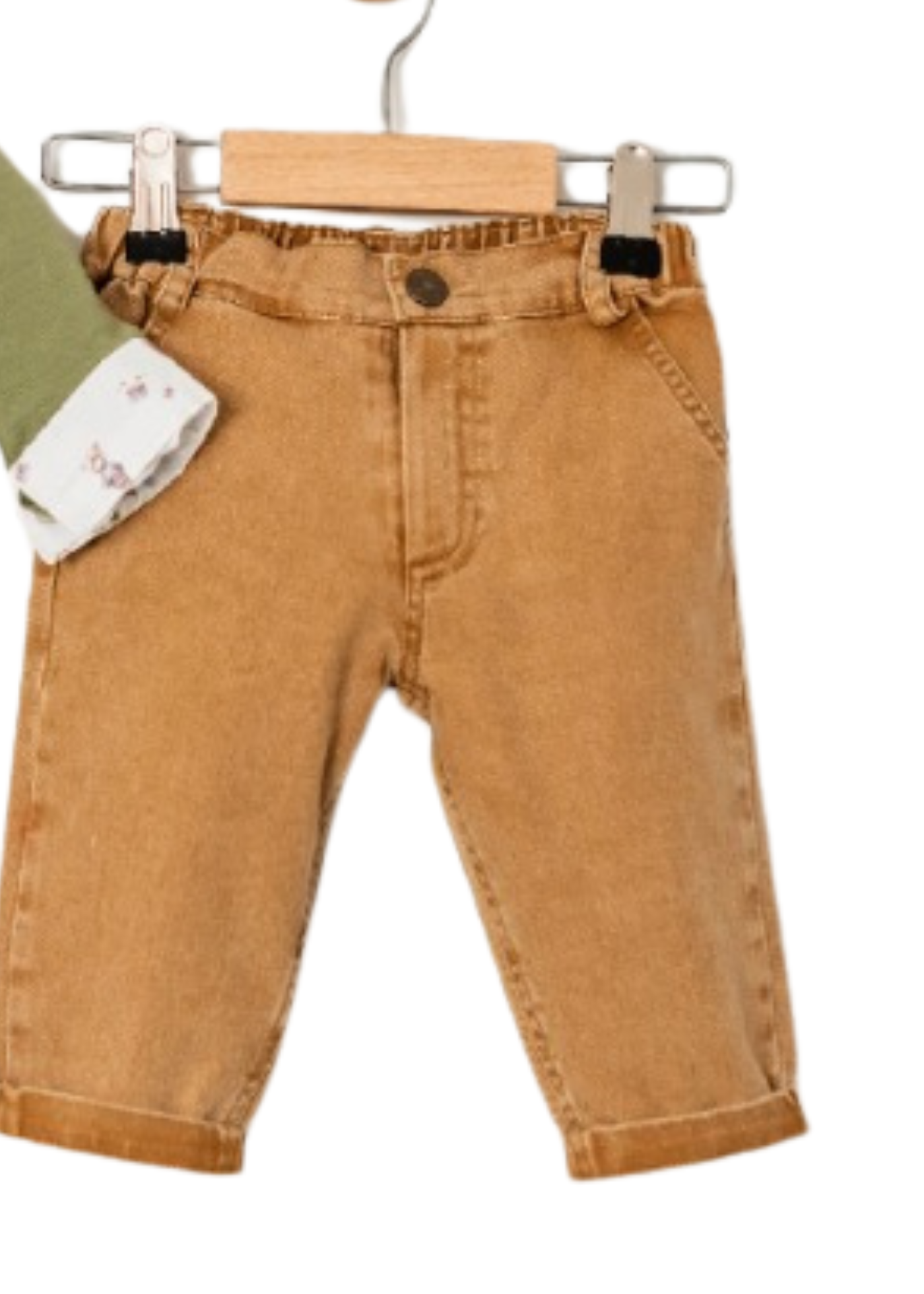 Set 3 Piese Pulover Verde cu Urs Camasa Alba Imprimeu Ursi si Pantaloni Lungi Bej 15055 Bebus