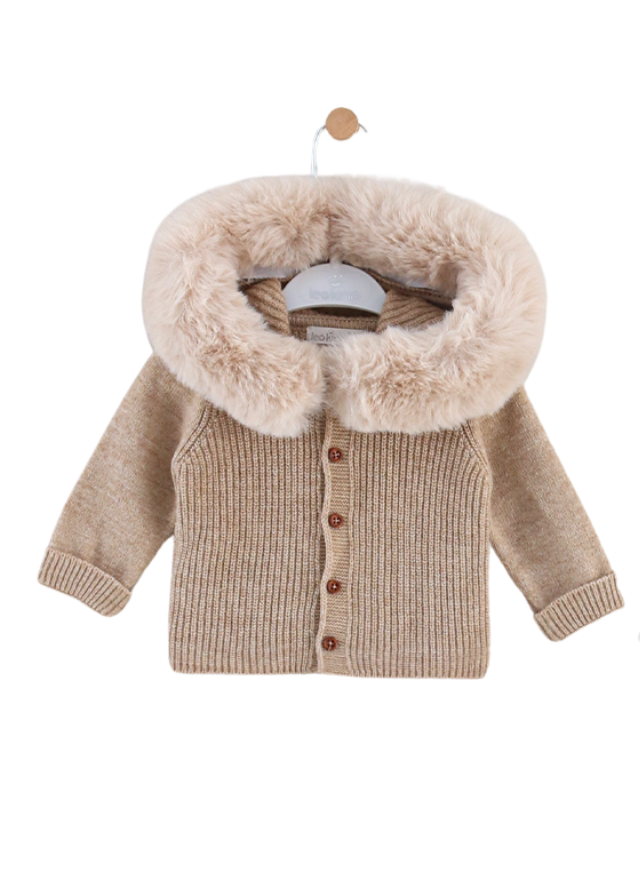 Set 3 Piese Bej din Lana Merinos Cardigan cu Gluga cu Blana si Bluza din Bumbac 9329 Leo King