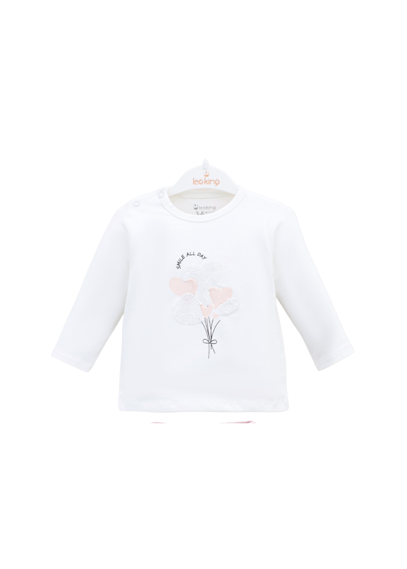 Set 3 Piese Tricotat Hanorac si Pantaloni Lungi Roz si Bluza Bumbac Alba cu Paiete 8016 Leo King