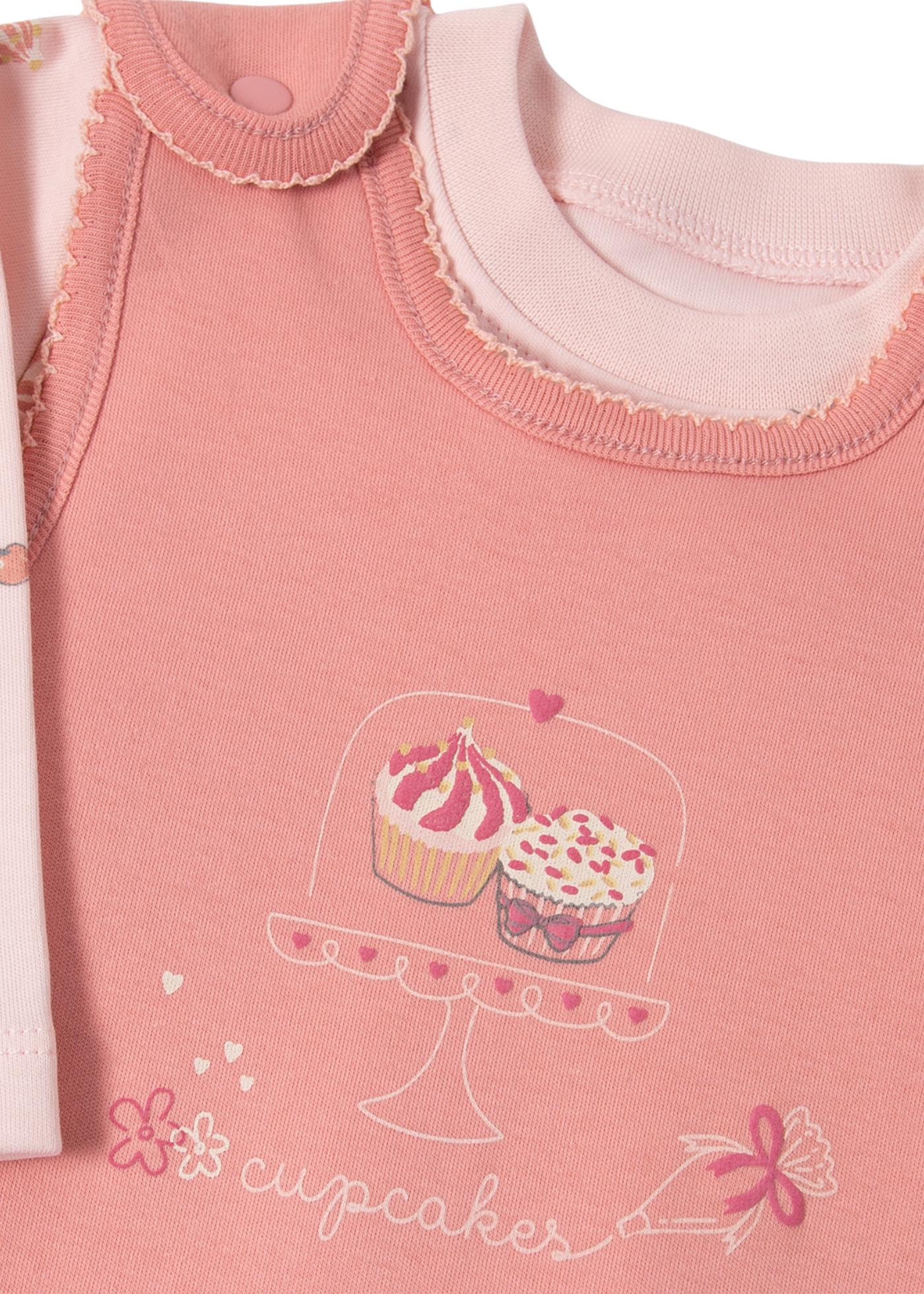 Set 2 Piese Salopeta Lunga Roz Pudra si Bluza Roz cu Maneca Lunga cu Briose K5065 Bebetto