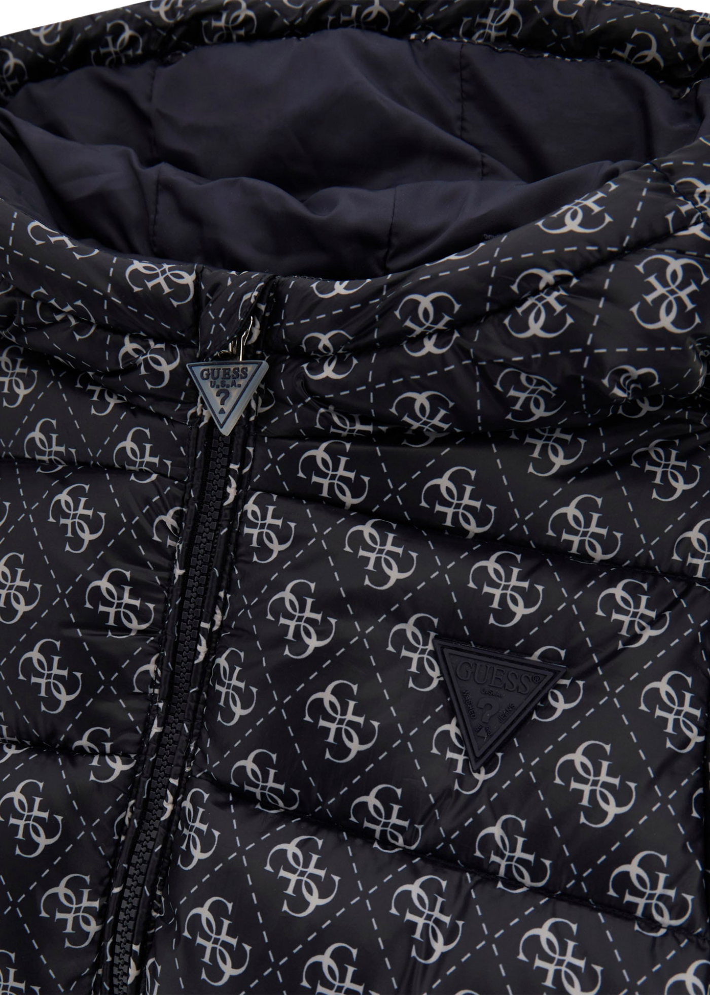 Geaca din Fas Matlasata cu Gluga Bleumarin cu Monograme N5YL05 WEGY0 P7SR Guessv