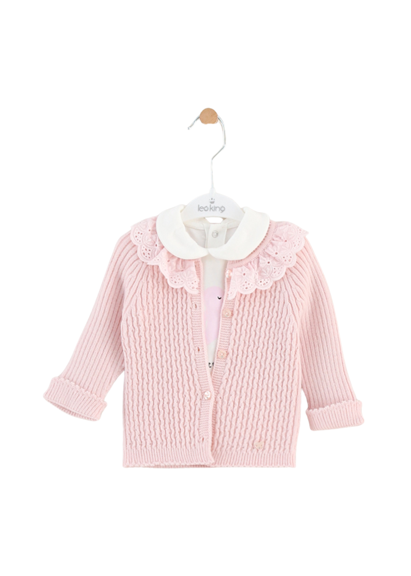 Set 3 Piese Cardigan si Pantaloni Roz din Lana Merinos si Bluza din Bumbac cu Ratusca 9576 Leo King