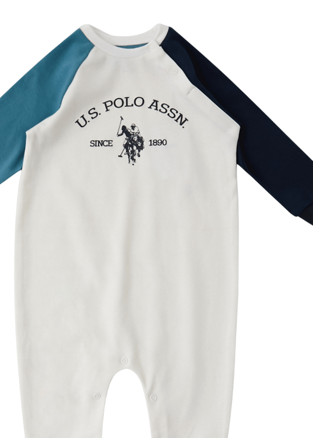 AnneBebe - Salopeta Lunga pentru Baietei, Crem cu Bleu si Bleumarin 1561 Us Polo Assn