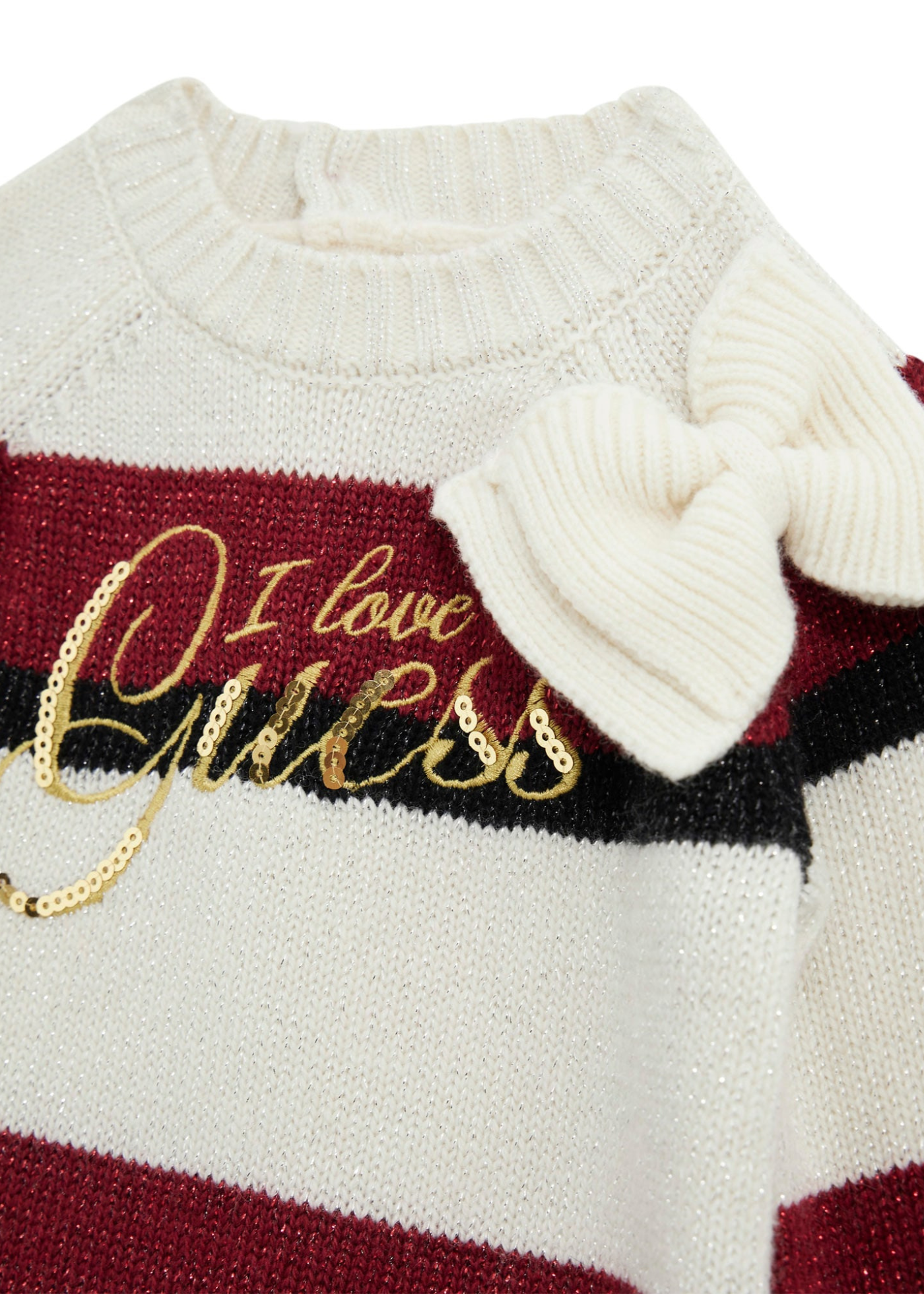 Rochie Tricotata cu Maneca Lunga Alba cu Dungi Rosii Late cu Lurex A5BK09 Z2V70 S556 Guess