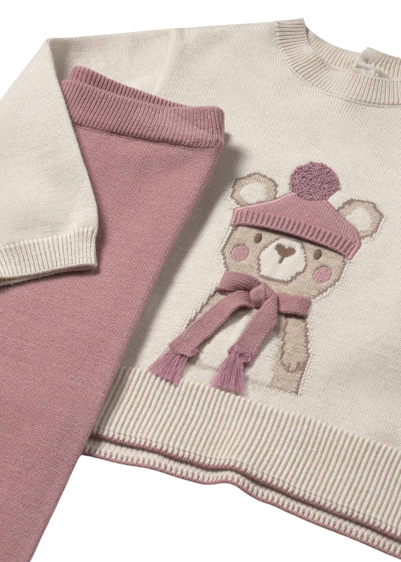 Set 2 Piese Tricotat Pulover Bej cu Urs si Pantaloni Roz Pudra 2595 Mayoral