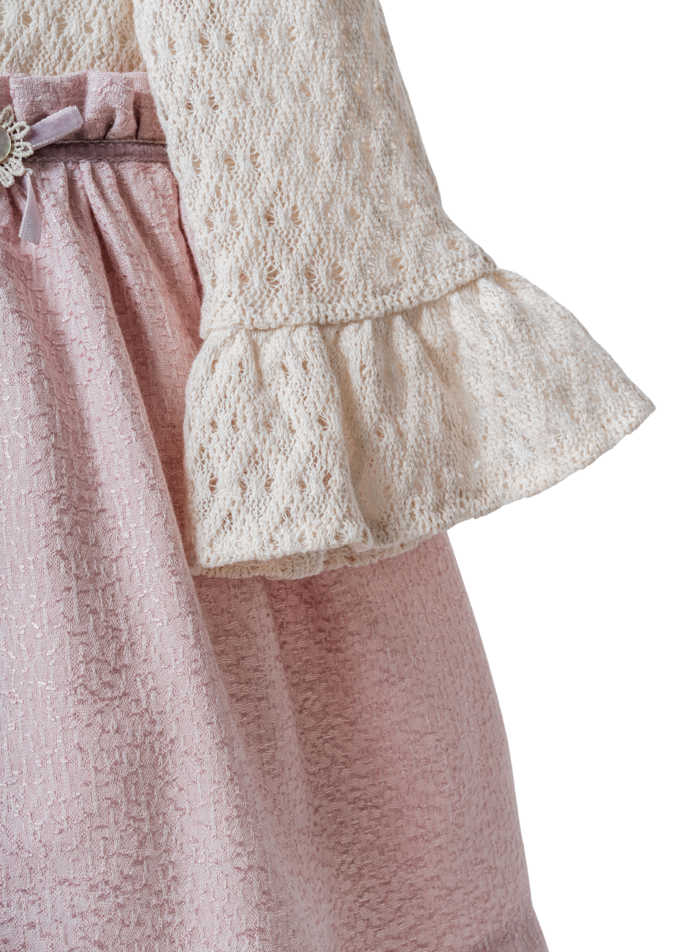 Rochie cu Mana Lunga Fusta Brocard Roz Pudra Bust Tricot Bej 4406 MyMio