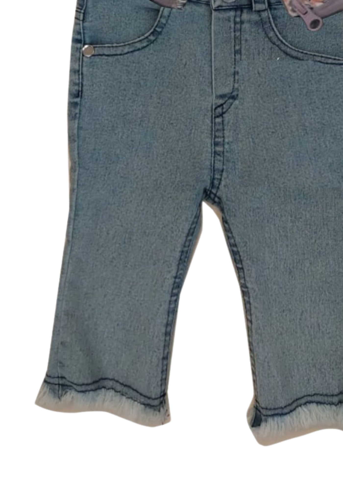 Set 3 Piese Geaca din Fas Imprimeu Flori Roz Bluza Crem si Blugi Evazati 15307 Bebus