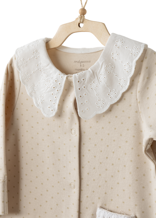 Salopeta Lunga Bej cu Picouri cu Gluer Alb Broderie Bumbac AC26045 Andywawa