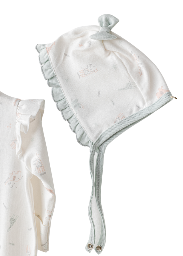 Salopeta Lunga Crem cu Imprimeu Animale si Caciula cu Volan Verde Menta AC25510 Andywawa