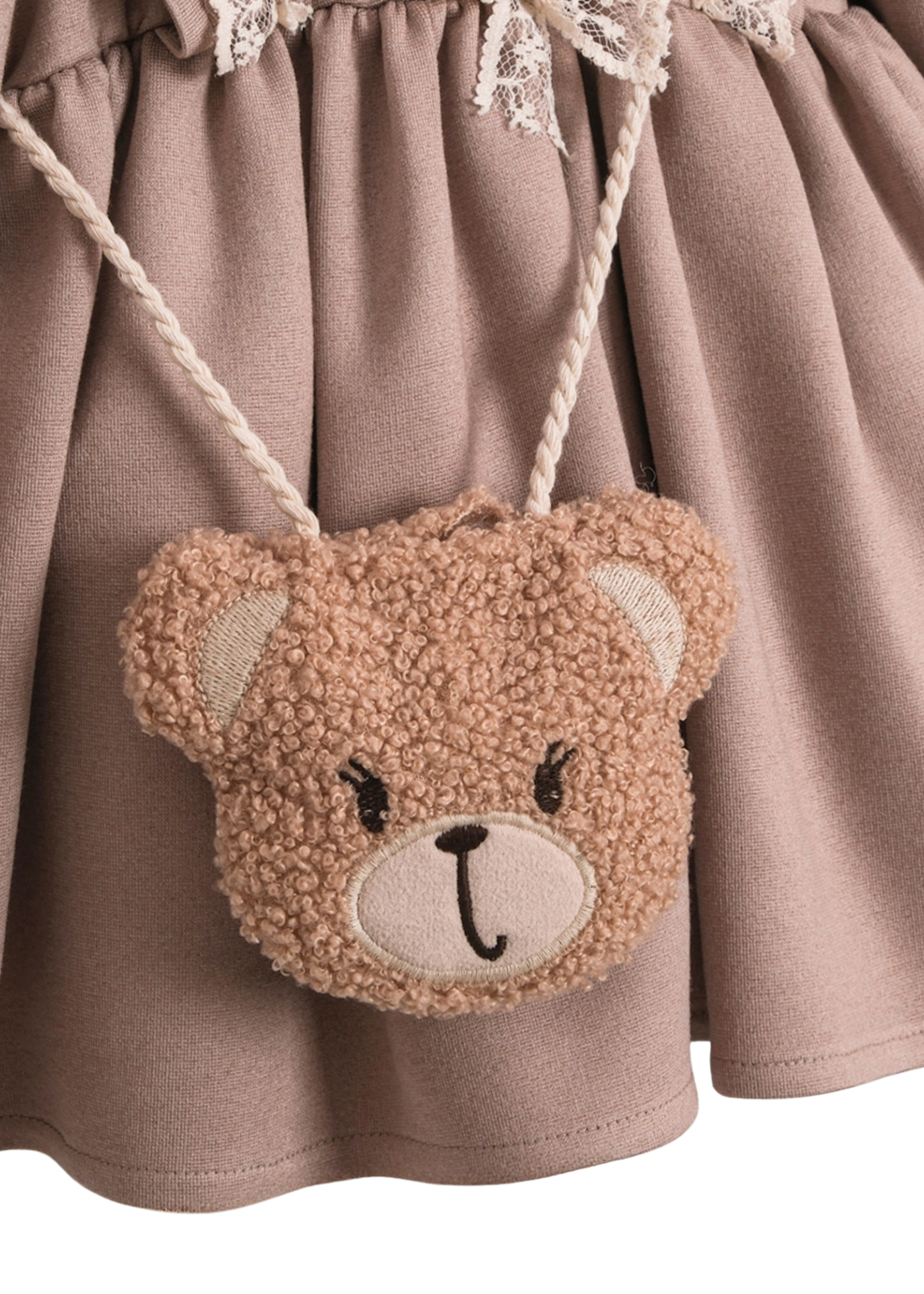 Rochie Stofa Bej cu Maneca Lunga si Geanta Ursulet 3737 Mino Baby