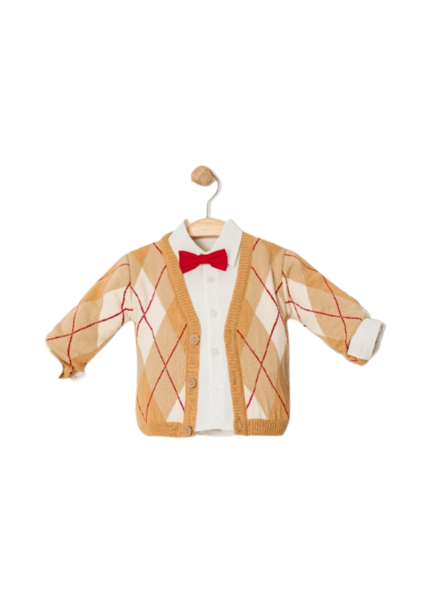 Set 3 Piese Cardigan Bej Carouri cu Rosu Camasa Alba Pantaloni Denim Gri 15043 Bebus