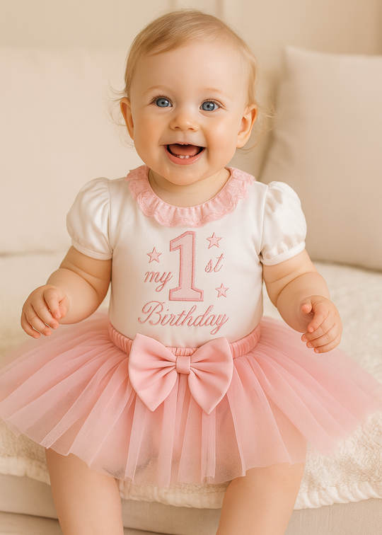 Set Aniversar 1 An Fetita Bumbac Body & Fustita Roz AnneBebe