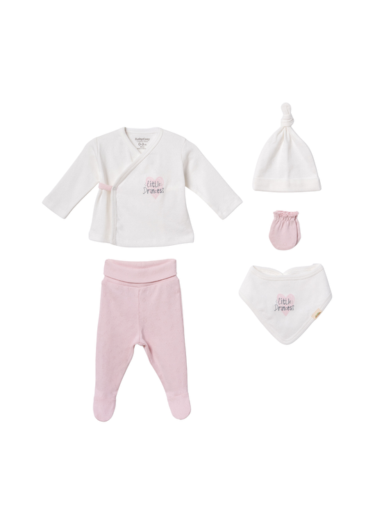 Set 5 Piese din Bumbac Organic Crem cu Roz Little Princess CSYR4556 Baby Cosy