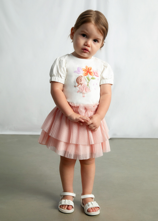 Mayoral Cream Short-Sleeved T-Shirt with Girl Print 1078