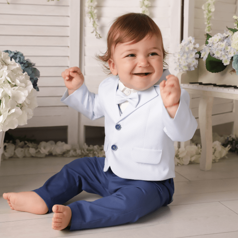 AnneBebe - Costum Elegant Baietei Octav Sacou Bleu Cu Picouri Vesta Alba AnneBebe