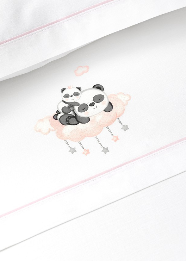 Set Lenjerie Patut 3 Piese Alb-roz cu Ursuleti Panda pe Norisor D3269-02 Interbaby