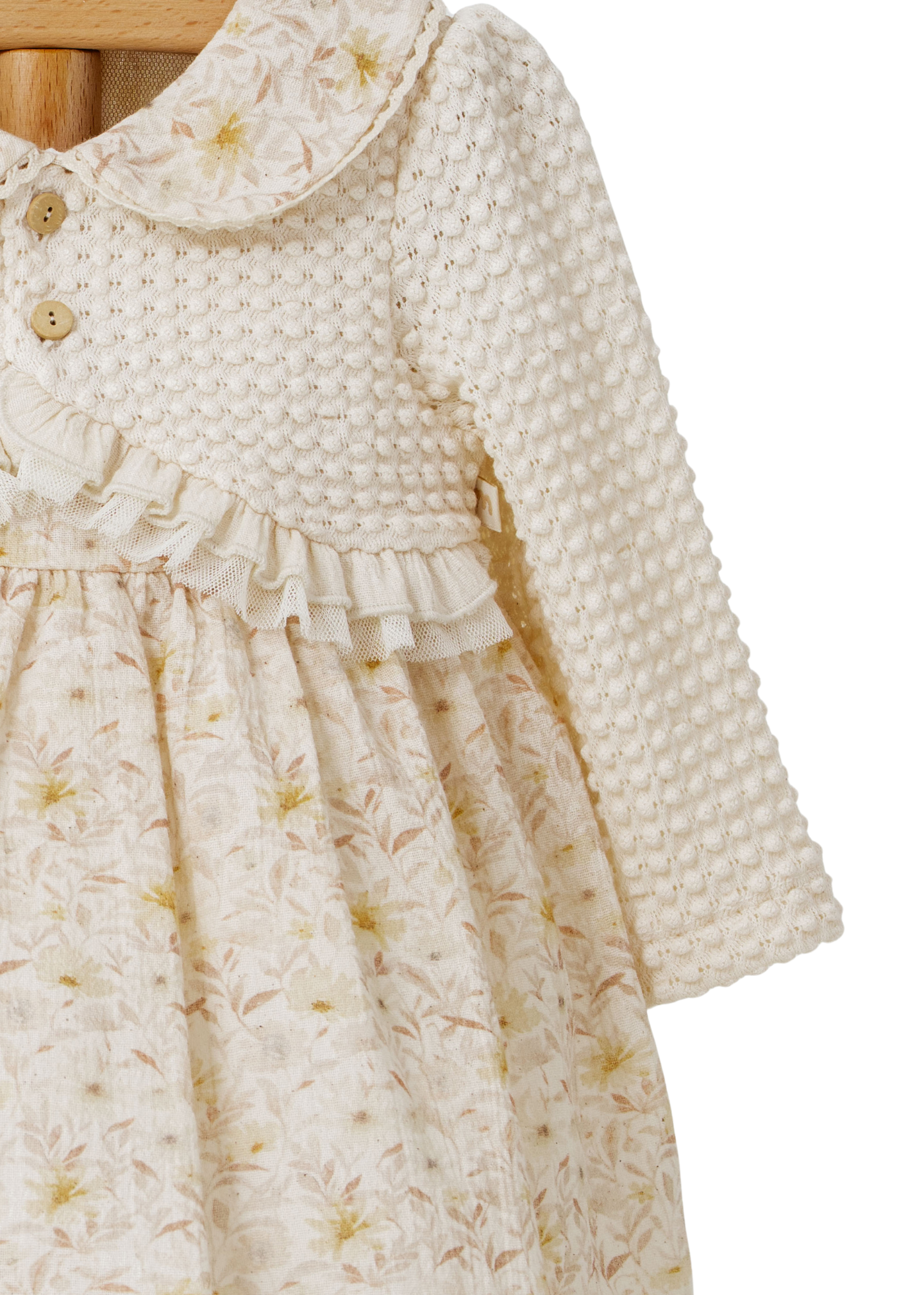 Rochie Bej Imprimeu Flori Galbene cu Design Tip Bolero Crem 4435 MyMio