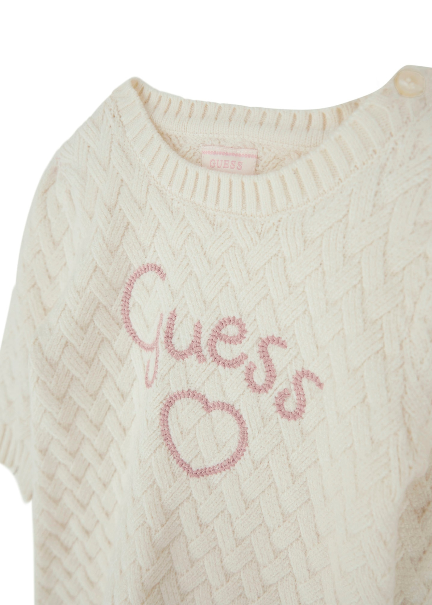 Rochie Tricotata Crem cu Maneca Lunga si Scris Cusut Guess Roz cu Chilotel A5BK10 Z0850 G012 Guess