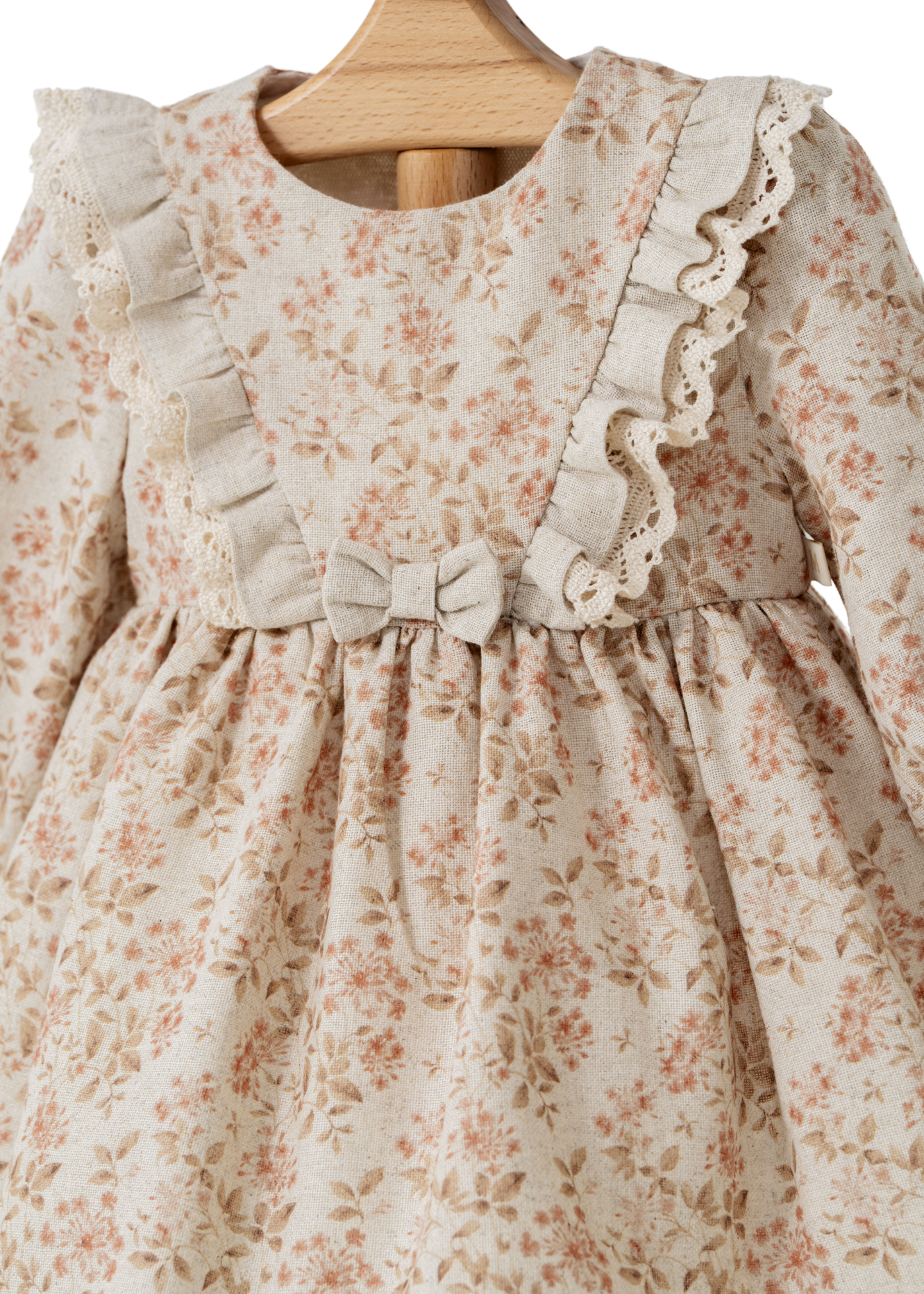 Rochie Bej cu Maneca Lunga Imprimeu Flori Portocalii din Bumbac cu In 4413 MyMio