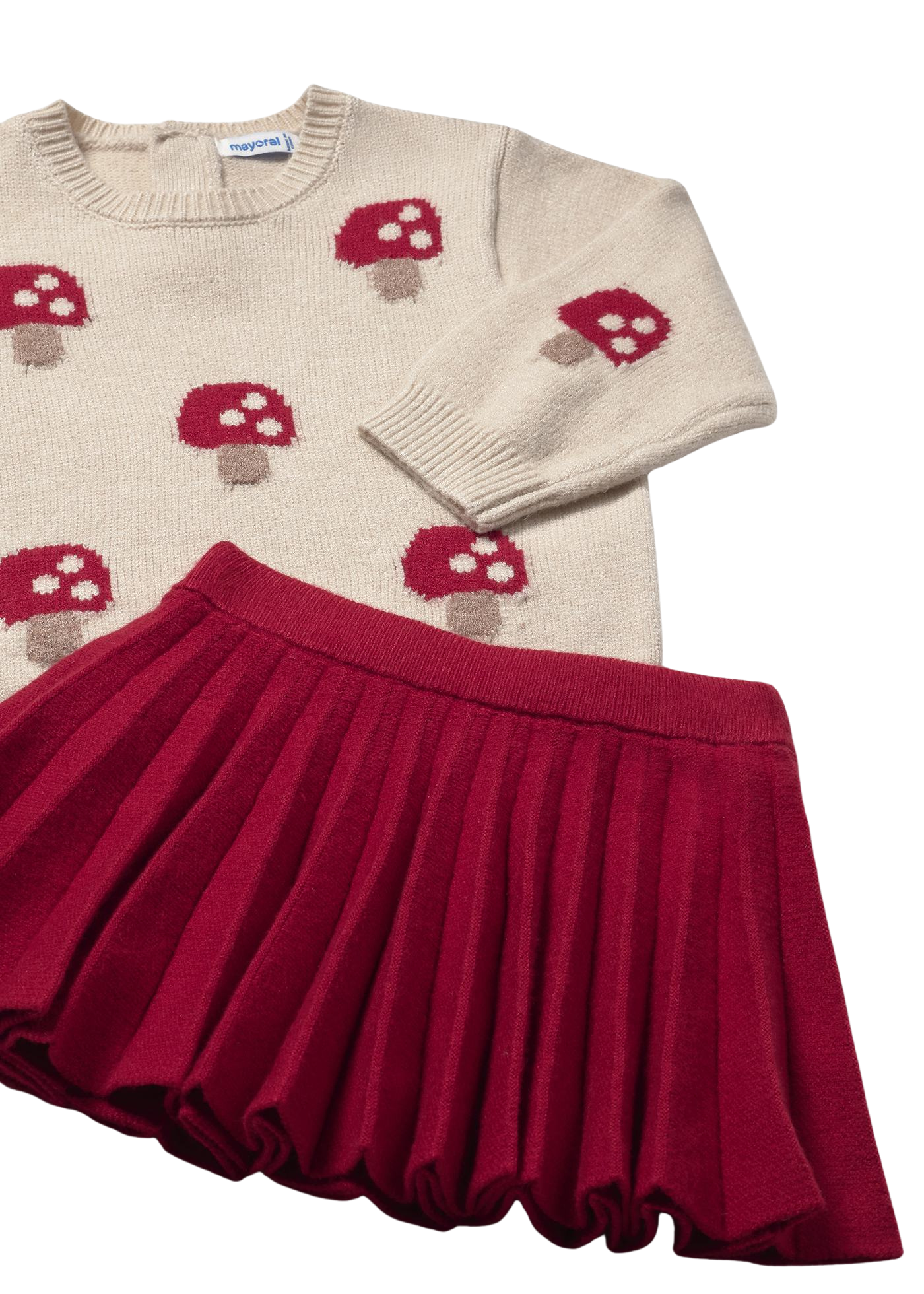 Set 2 Piese Tricotat Pulover Bej cu Ciuperci si Fusta Plisata Rosie 2925 Mayoral