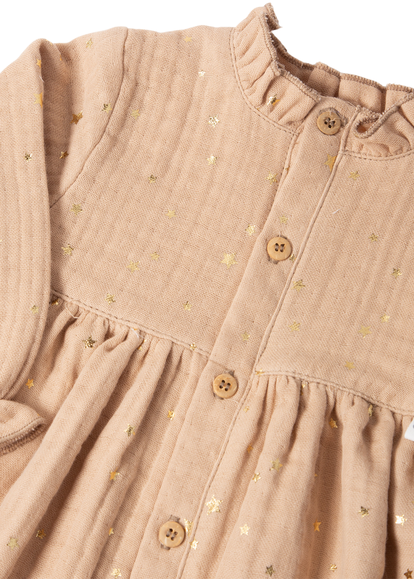 Rochie din Muselina Bej cu Maneca Lunga cu Nasturi si Stele K4897 Bebetto