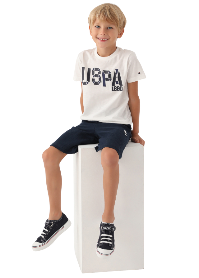 Set 2 Piese Tricou Ivory cu Logo si Paantaloni Scurti Bleumarin US1727-4 V1 Us Polo Assn