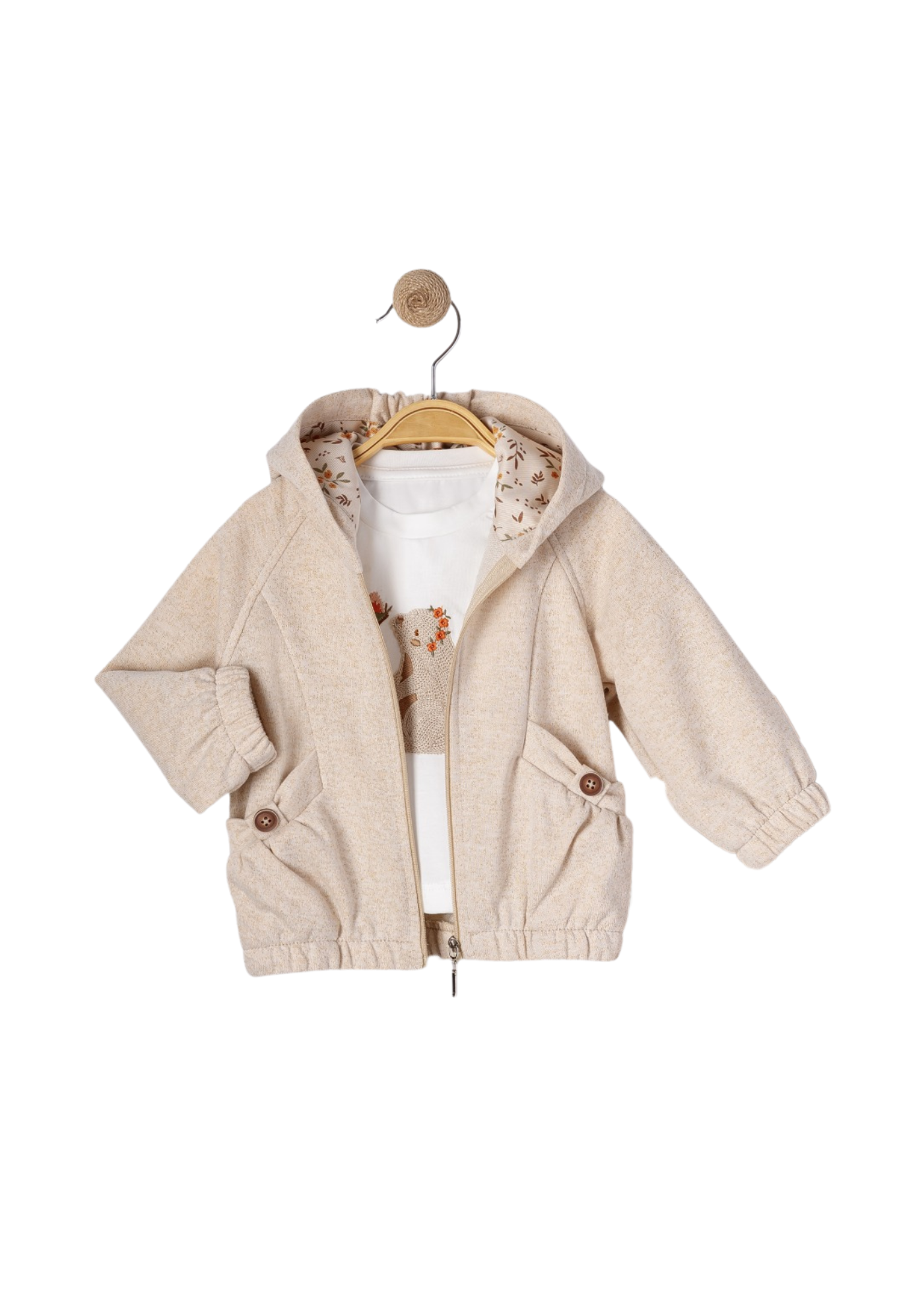 Trening 3 Piese Hanorac si Pantaloni Bej si Bluza Crem cu Iepure 16419 Bebus