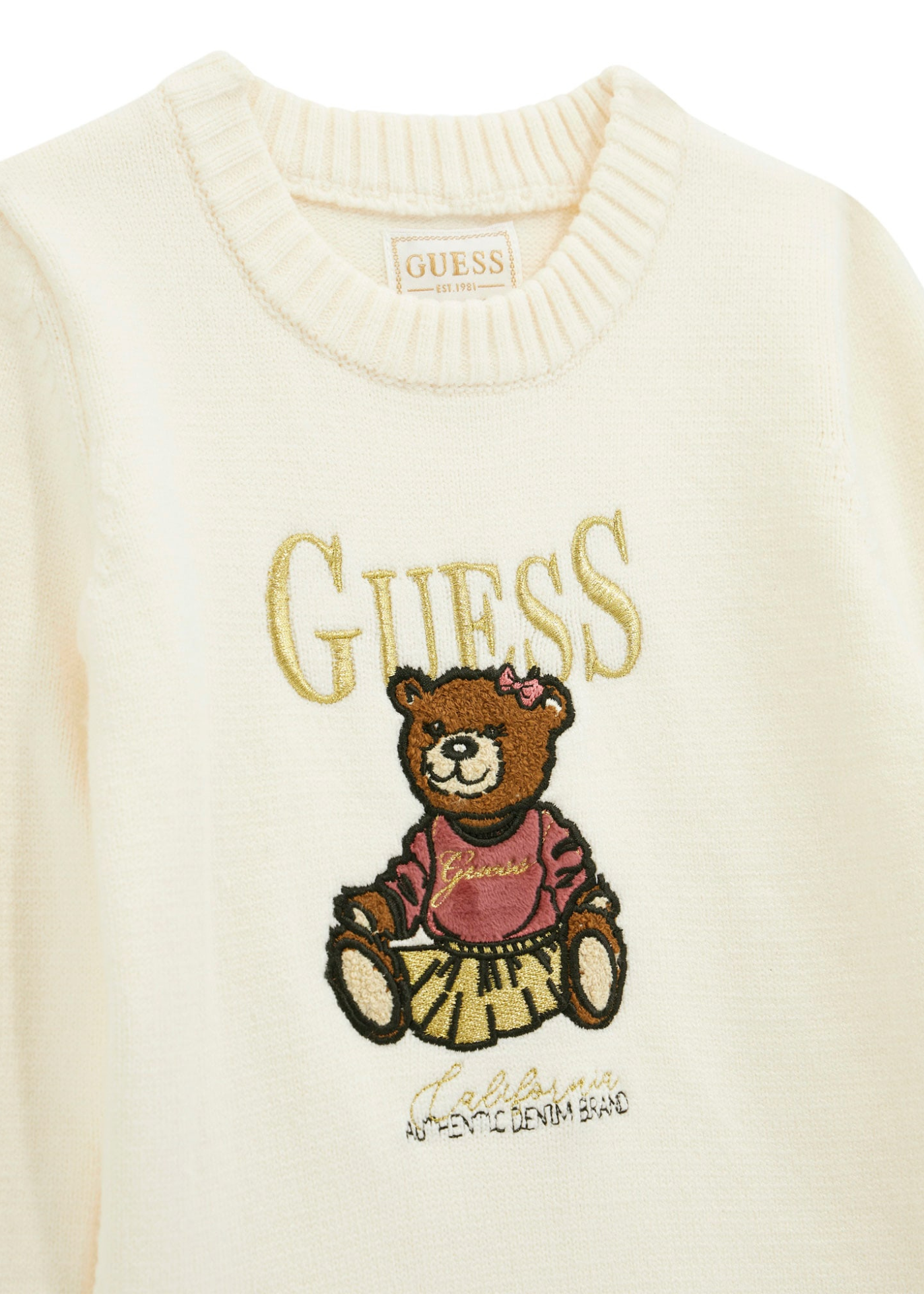 Rochie Tricotata cu Maneca Lunga Crem si Urs K5BK01 Z3GS0 G012 Guess