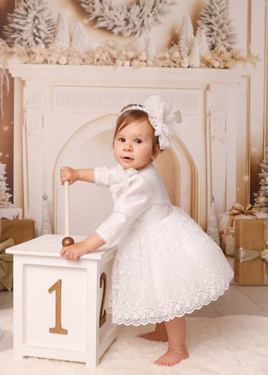 White Lace Dress With Flowers And Pearls AnneBebe